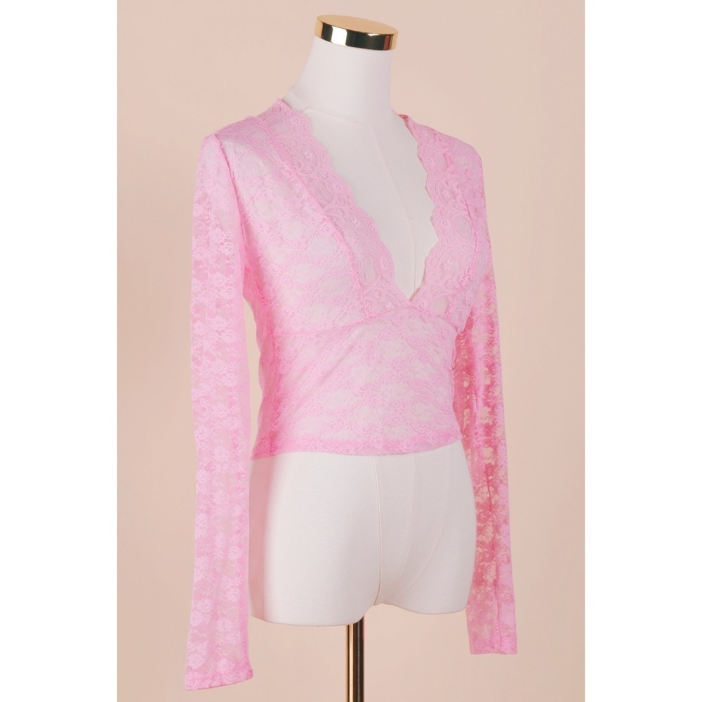 Sz M Edikted Beck Sheer Baby Pink Plunge Neck Lace Crop Top NWT
